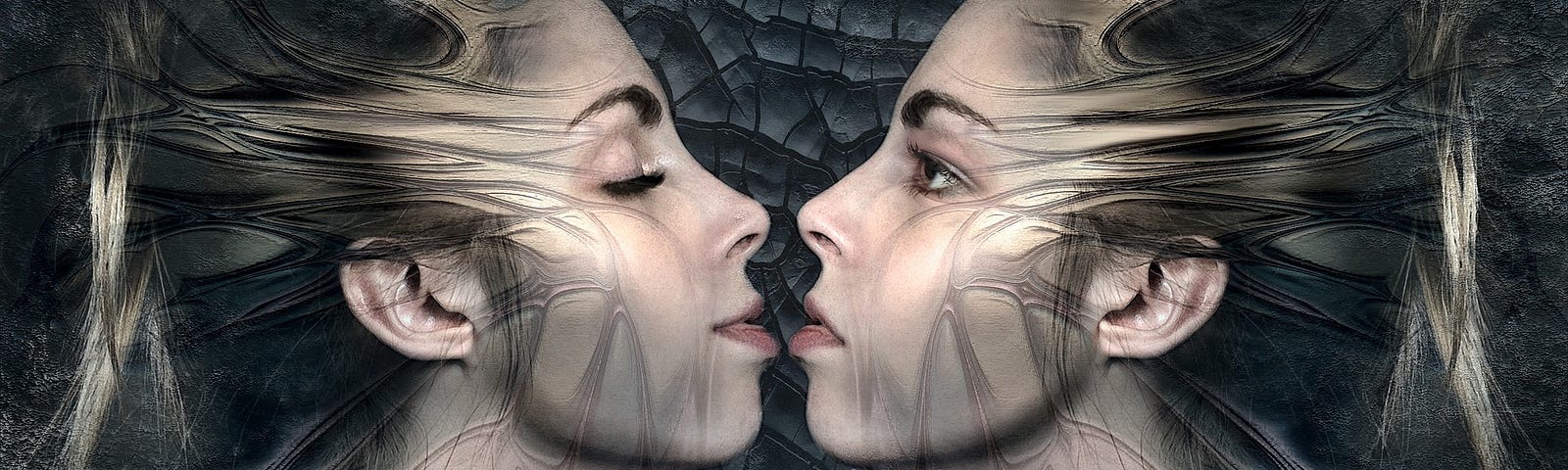 Profiles of female twins facing each other, one with her eyes open the other with her eyes closed.