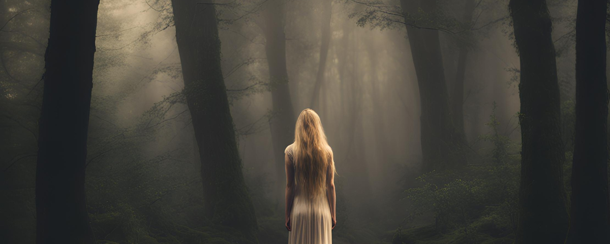 A woman wearing a white gown with long blonde hair. She stands in the middle of a dark and misty forest, with her back showing. Before her, a faint path leads ahead that is both challenging and beautiful.