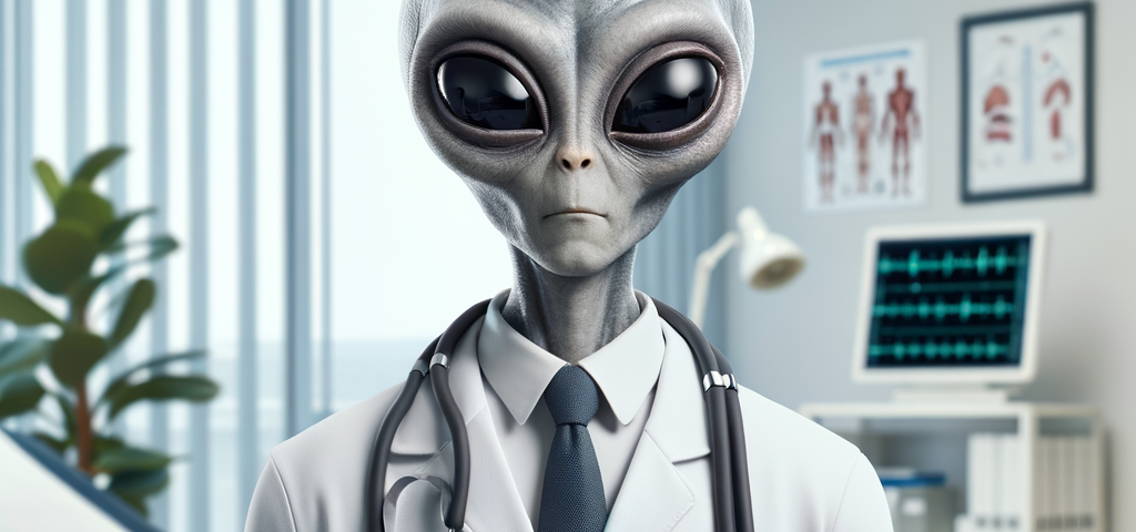 Image of a grey alien in a doctor’s suit.