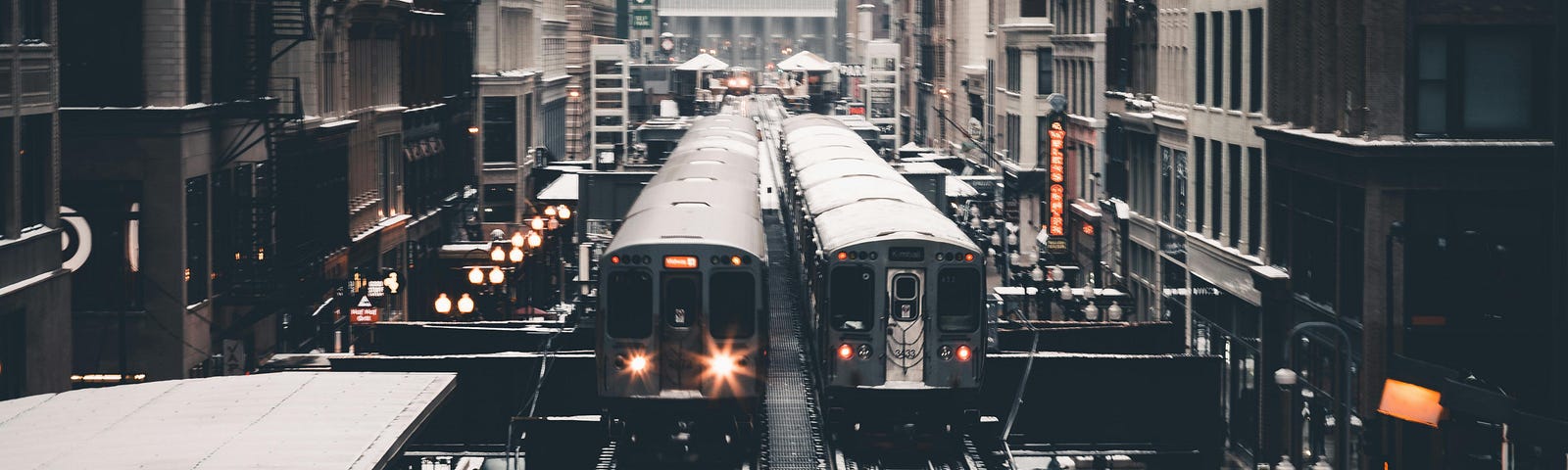 Old photo of two trains passing on the tracks