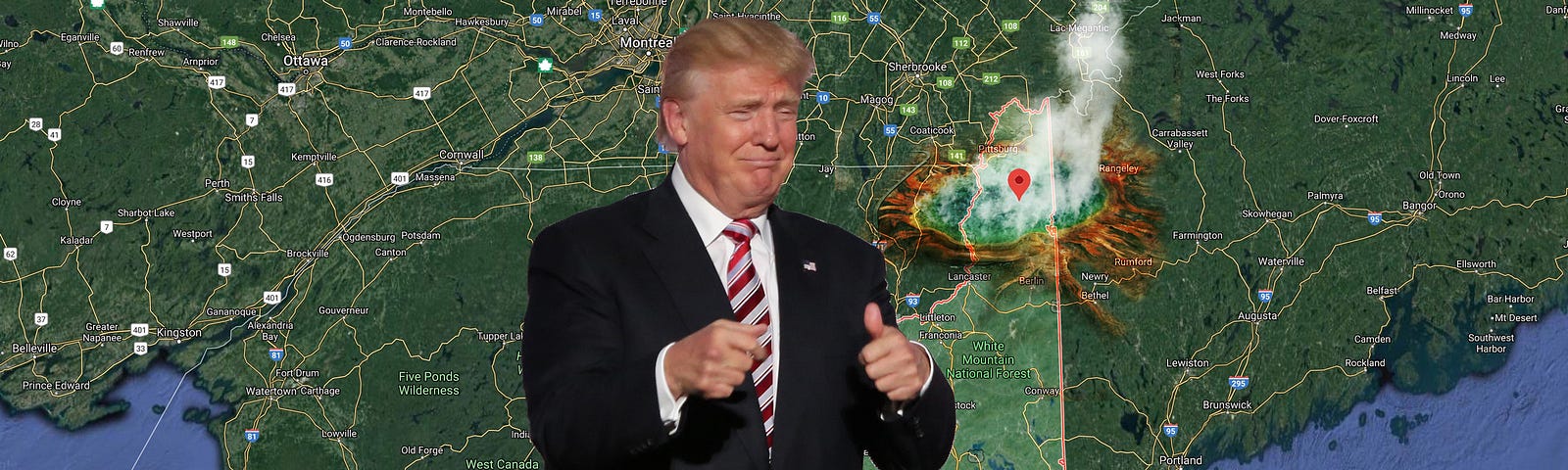 Trump with a satellite map of New Hampshire showing a nuclear crater.