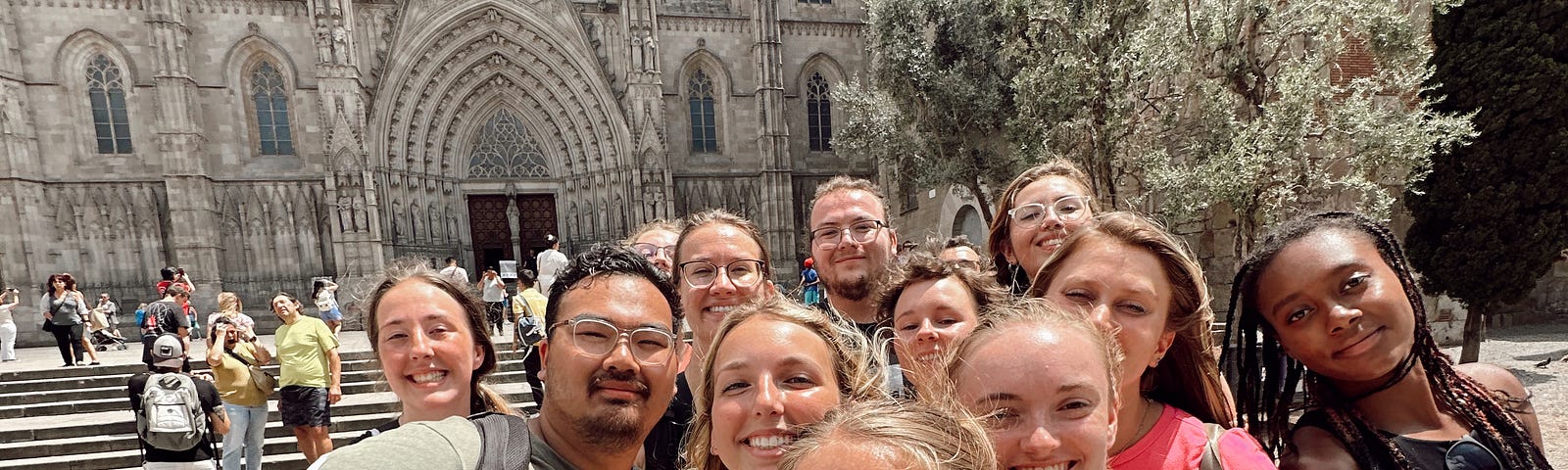 Architecture students take a group selfie during their trip abroad
