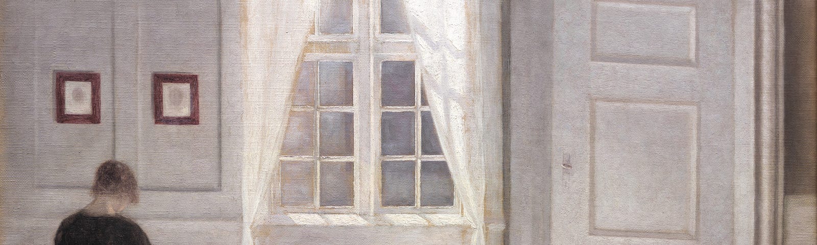 A painting of a woman sat at a desk next to a window, sunlight falls into the room and across the floor beside her. Painted by Vilhelm Hammershøi