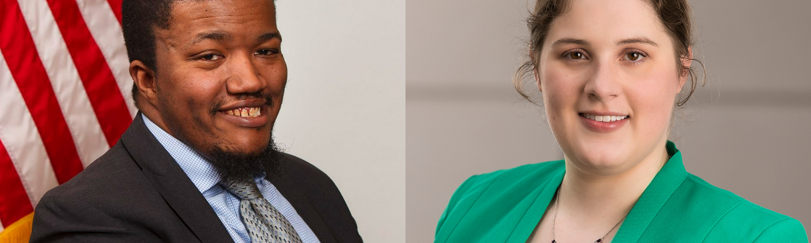 Right: Headshot of Neal Carter, a Black man wearing a black suit and blue shirt. He is in front of an American flag. Left: Headshot of Sarah Blahovec, a white woman with brown hair pulled up. She is smiling and wearing a navy blouse with a green blazer.