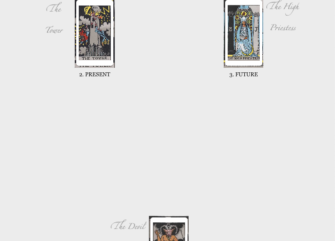 Three card spread on the MoodWork App. Present is The Tower, Future is the High Priestess, and Past is The Devil.
