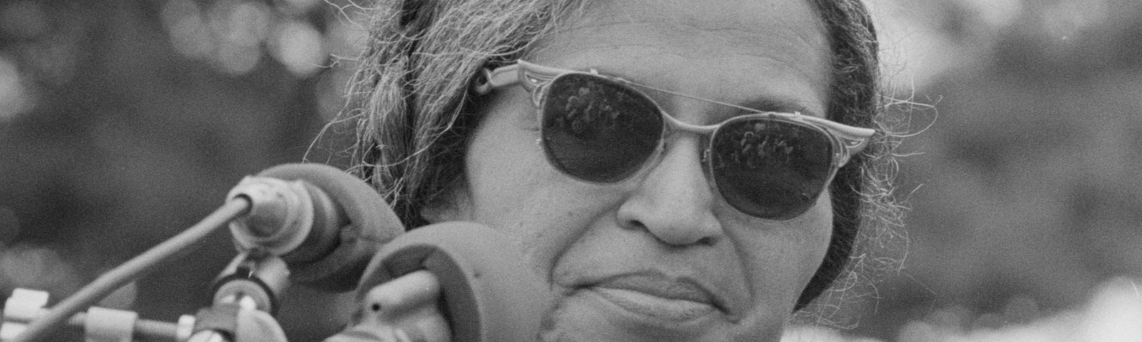 Photograph shows Rosa Parks, one of the speakers at a rally near the Washington Monument, Washington D.c. on June 19, 1968 held as part of the Poor People’s Campaign.