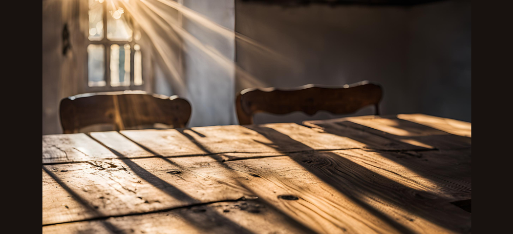 Old wooden table with two chairs, sunlight across table