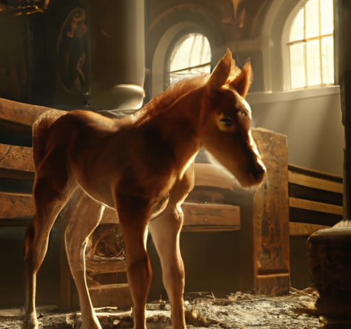 A cute brown foal in church