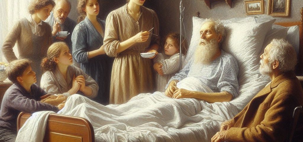 An elderly man in a hospital bed surrounded by family