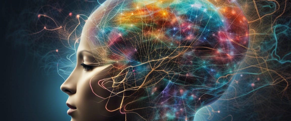 image of a brain with dots of light and swizzles representing ideas popping inside a thinking mind