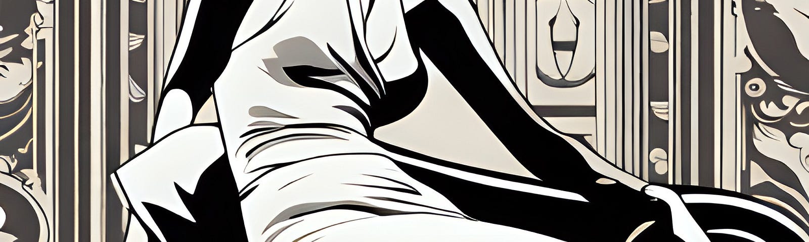 black and cream art of a young woman sitting on a low scroll-back chair against an art deco scrollwork background.