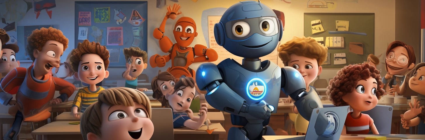 Friendly, cartoon-like robots engaging with young students in a vibrant, playful classroom environment.