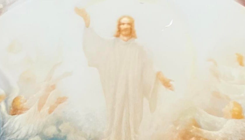 Jesus with blond hair and light skin in the clouds surrounded by white angels all with blond hair.