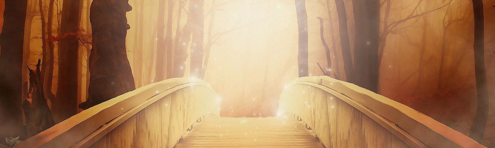 A wooden bridge leading to an illuminated destination.