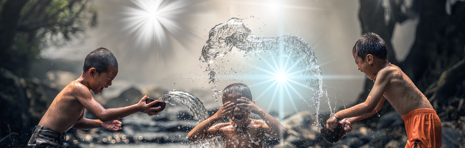 three children play in a dreamy pool, with highlights and sunbursts