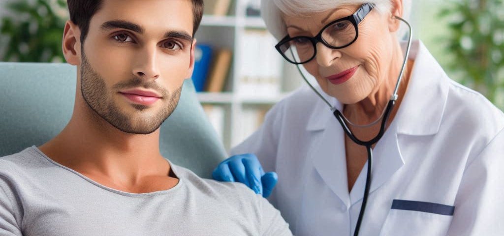 A male in his early 40s with dark brown hair, brown eyes, and 5 o’clock shadow is seated in a doctor’s office chair next to a white-haired nurse in her 60s, wearing glasses. She’s drawing blood from the man for a lab test.