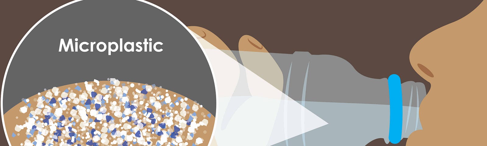 Illustration of a person drinking from a bottle with an enlarged section showing microplastic particles
