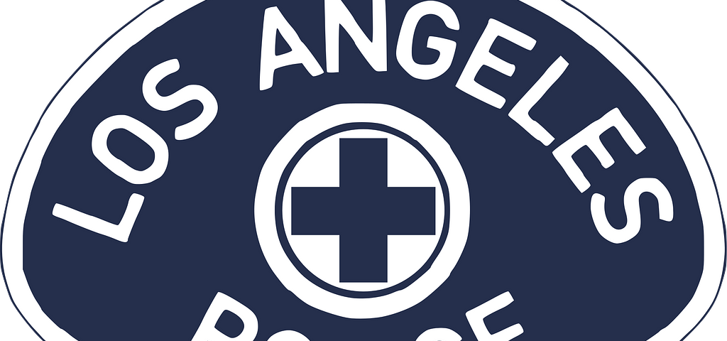 An illustrated image of the Los Angeles Police Department badge, white writing on a deep blue background. In the center of the badge is a blue plus sign outlined in a white circle.