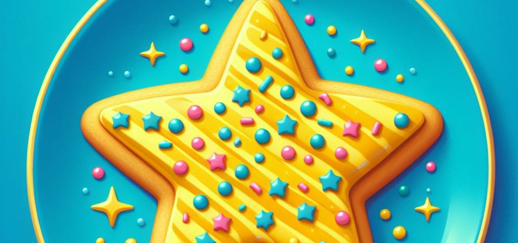 An illustration of a star-shaped sugar cookie with yellow frosting and bright sprinkles set on a bright blue plate on an all-blue background