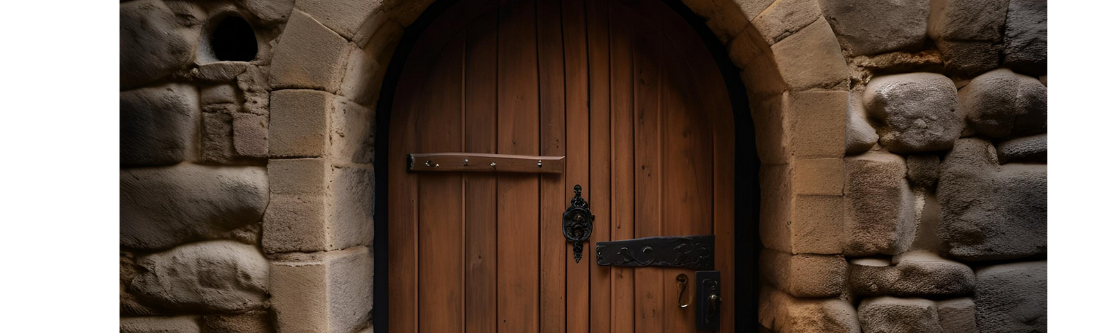 Animated picture of a wooden door, rounded at the top, set in the stone wall of an old castle.