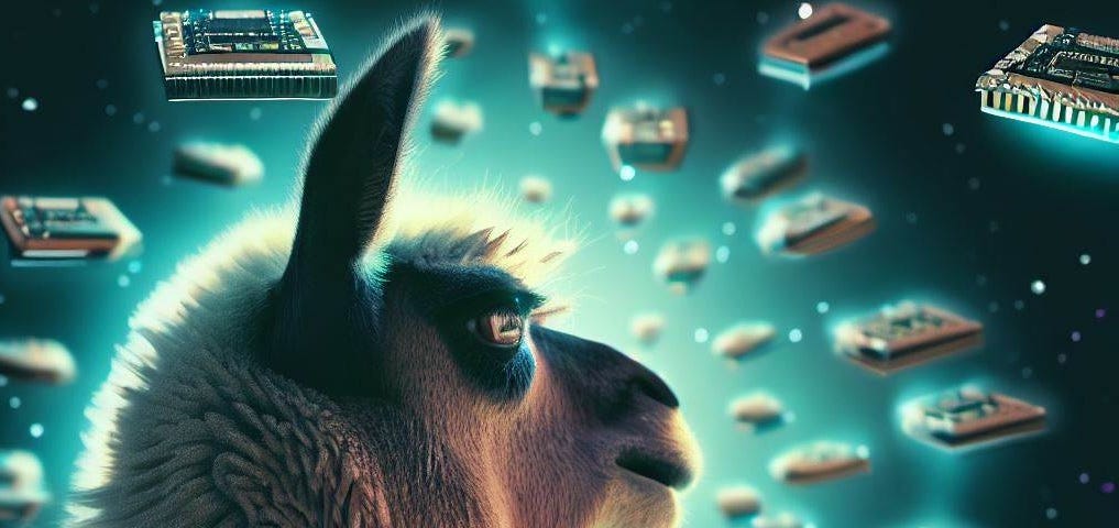 A computer-generated image of a llama with hundreds of CPUs orbiting it