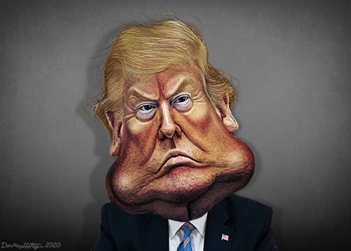 A caricature drawing of Donald trump scowling.