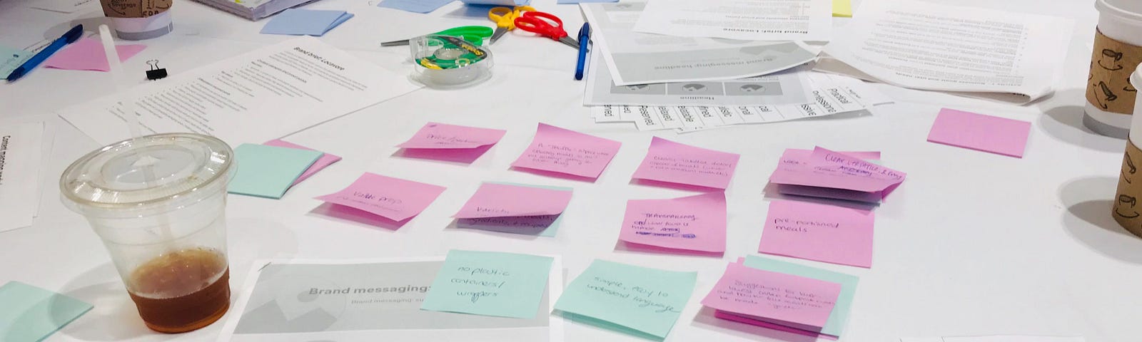 A workshop table covered in pieces of paper, post-it notes, markers, scissors, and coffee cups