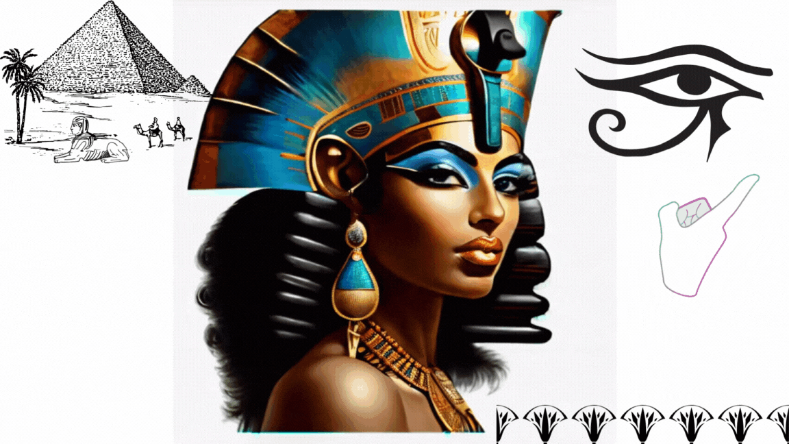 GIF image of an Egyptian queen pointing at the eye of Horus on her left.