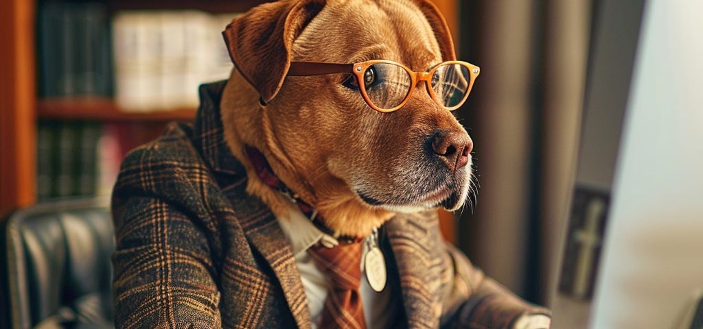 A diligent dog dressed in a tweed jacket and glasses focuses intently on a computer screen.