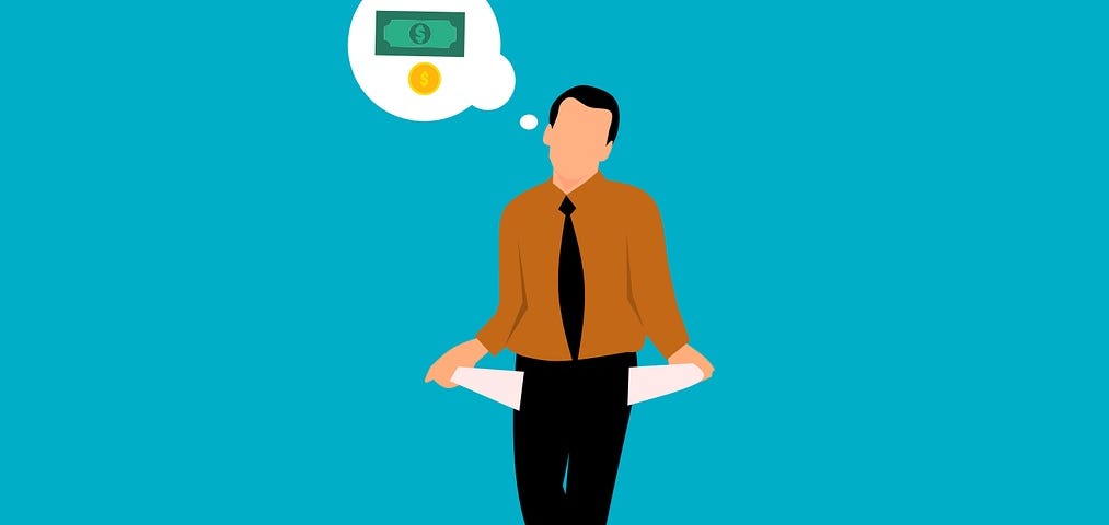 IMAGE: On a blue background, a drawing of a professional wearing black pants, brown shirt and a black tie showing he has no cash at all in his pockets