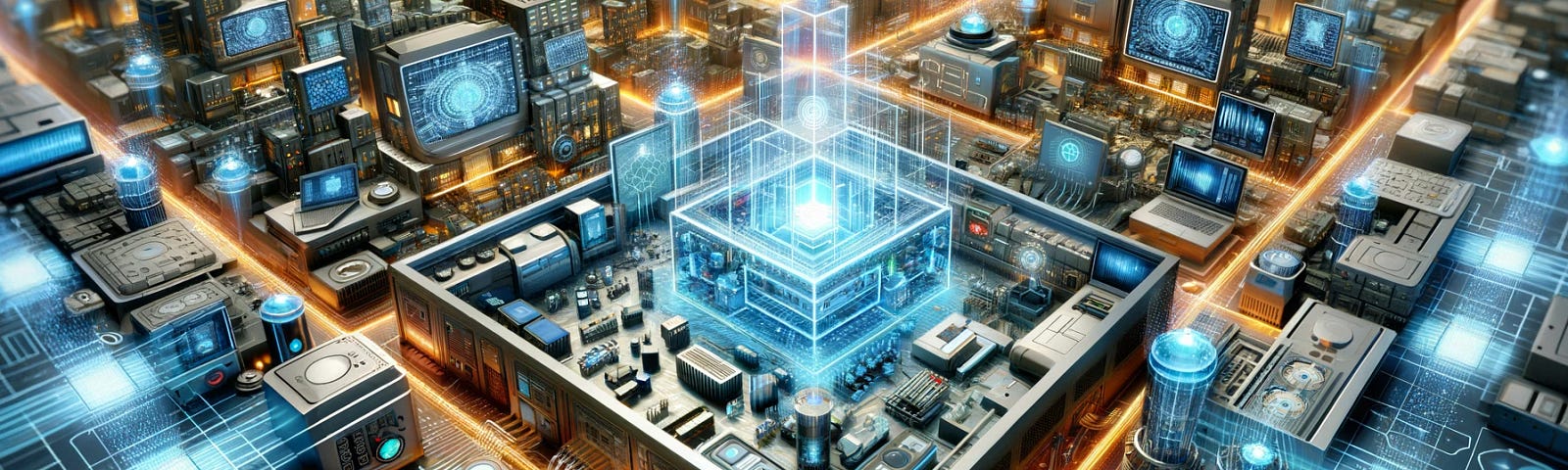 A wide futuristic concept art depicting a world transformed by Superconducting Discrete Integrated Circuit Electronics, with various technologies like quantum computers and medical devices powered by these circuits. The scene is set in a sleek, high-tech environment, emphasizing efficiency, innovation, and sustainability.