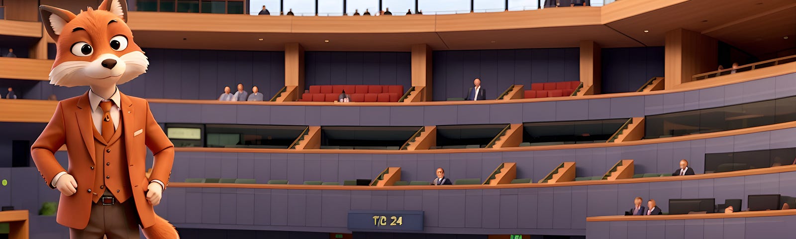An AI-generated fox in the style of a Pixar 3D animation, wearing an orange three-piece suit with brown pants, standing on top of the back of chair in a vast, mostly empty space with circular seating pointing to a central point, reminiscent of the European Union meeting room.