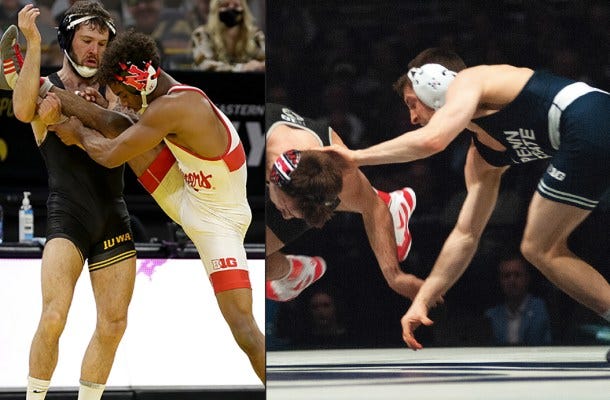 Iowa’s Jaydin Eierman (left, wrestling Nebraska’s Chad Red in January) and Penn State’s Nick Lee (right) are the top two-ranked wrestlers at 141 pounds in WIN’s March 1 rankings. They could also meet in this weekend’s Big Ten Championships in State College, Pa.