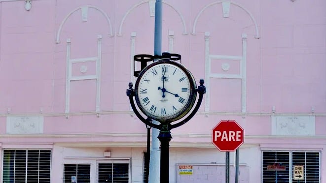 Clock in front of cinema façade, Fajardo, Puerto Rico, 2023