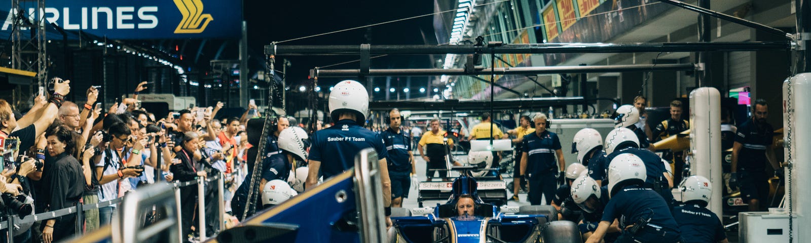 Action in the F1 pitstop.