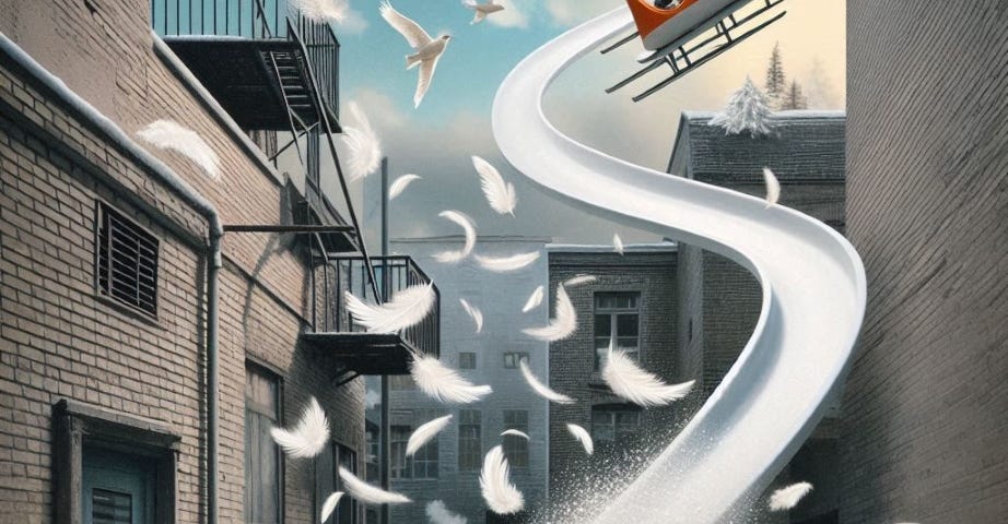 surrealism, Setting: an alley outside the stage door of a theatre. an abandoned bathtub. flying in the air are swirls of white feathers. just feathers without birds. from a fire escape in a building blocks away a luge ice track extends to the bathtub. a very large empty LUGE sled flying off the ICE track into the air about to crash into the tub.