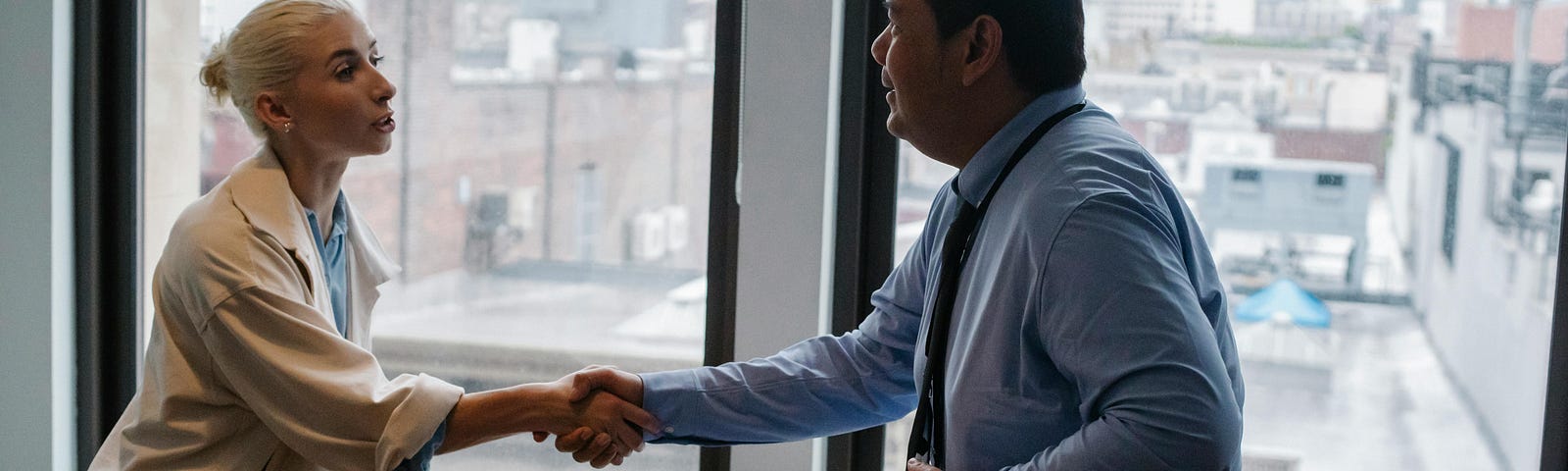 Young woman shaking hands with business man after business presentation