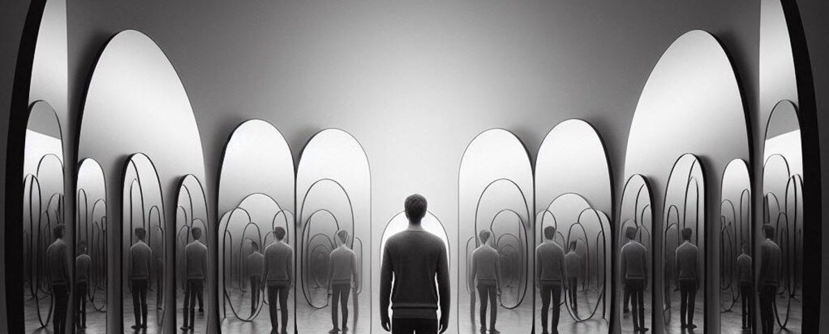 a man looking in the mirrors kept around him and each mirror has his image