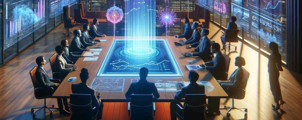a scene where a group of diverse professionals are engaged in a strategic meeting around a high-tech, holographic display table. The display shows various abstract data visualizations and graphs that represent complex corporate strategies and decisions. The setting is a modern, well-lit boardroom with large windows overlooking a city skyline at dusk, symbolizing the broad perspective and high stakes involved in corporate decision-making.