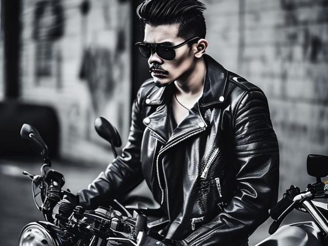 Scary looking man in leather jacket on a motorbike