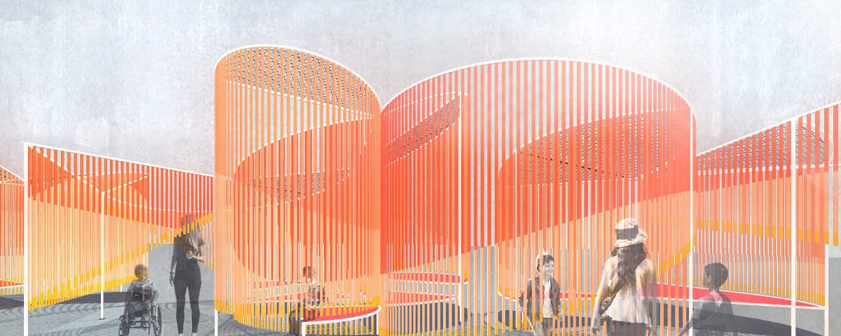 Rendering of people walking and wheeling around and interacting with a large, curving, orange and red outdoor installation.