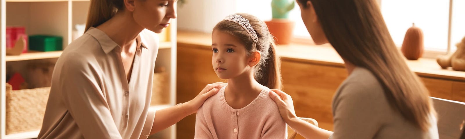 A warm and supportive scene in a classroom where a young girl, Sophie, is sitting with her mother and her teacher, who is gently explaining the importance of recognizing her emotions.