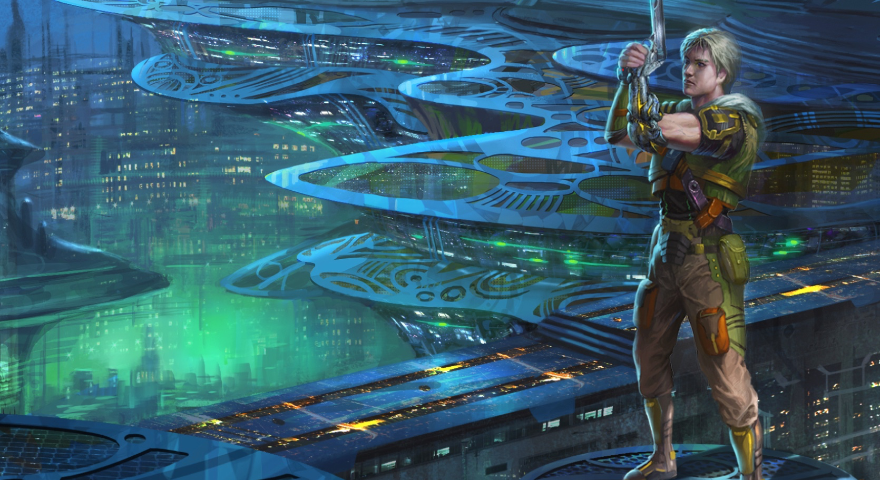 Image: A blond man with a cybernetic hand hold his gun up — ready, but not yet aiming — against a background of a rich blue and green sci-fi cityscape.