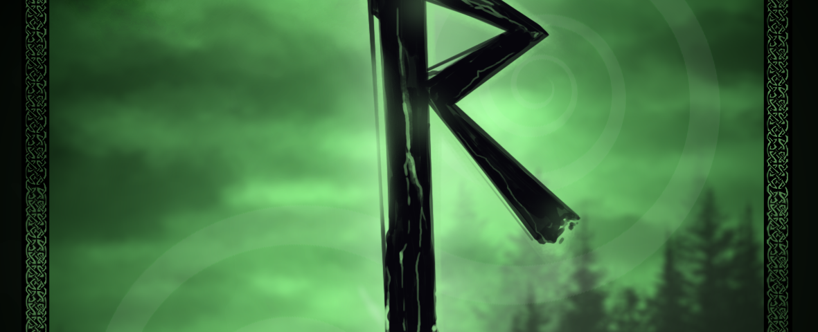 Digital artwork of the Rune Raido, shaped like the letter R over a green, forest background.