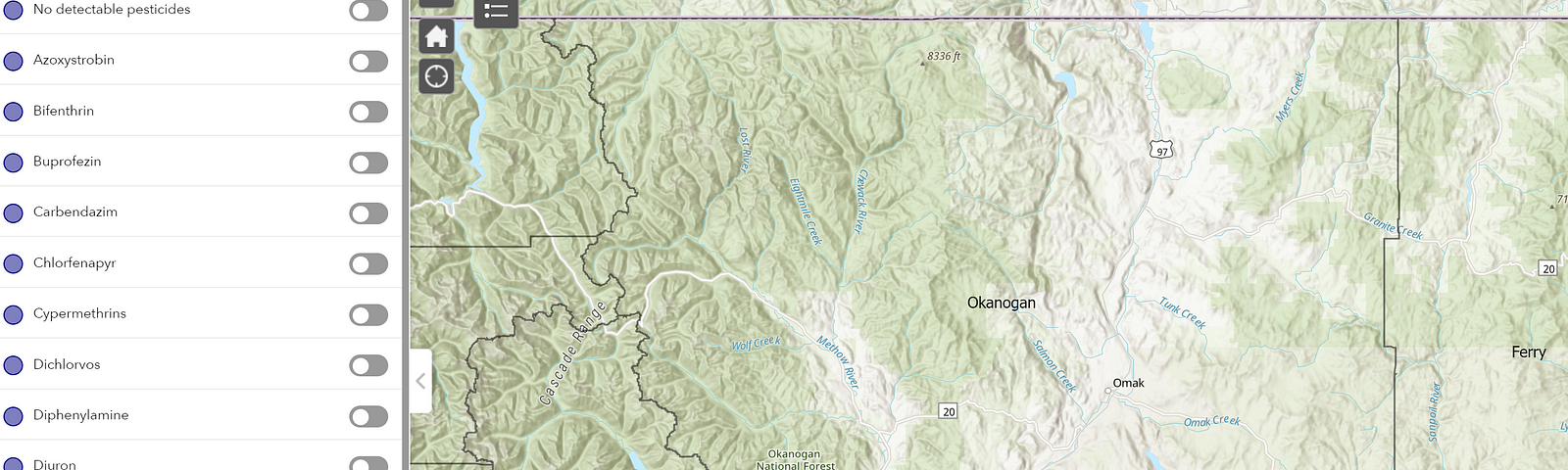 A screenshot of the LCB’s cannabis pesticide results mapping tool showing area impacted by DDE