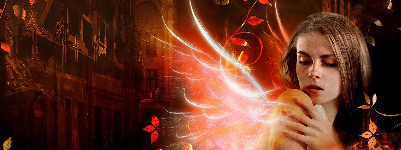 Image of a woman in fire with angelic wings.