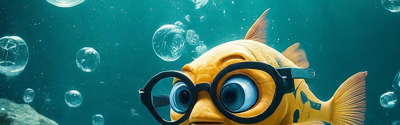 A fish wearing glasses at the bottom of the ocean, with bubbles behind it bubbling up to the surface.