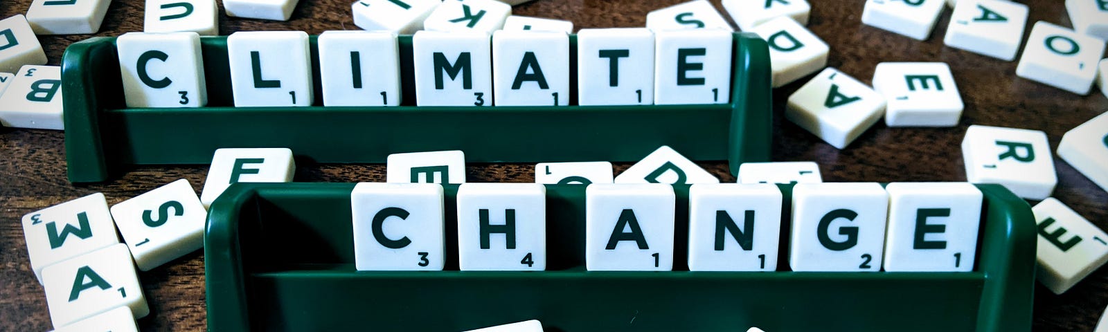 Scrabble letters arranged to form the phrase “climate change”