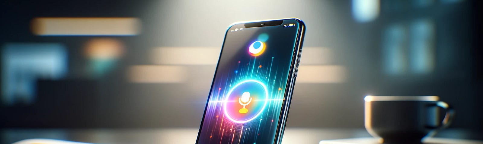A futuristic smartphone displaying an AI assistant interface on its screen, symbolizing the advanced capabilities of Siri and Google Assistant, placed on a modern desk with a focus on simplicity and innovation.