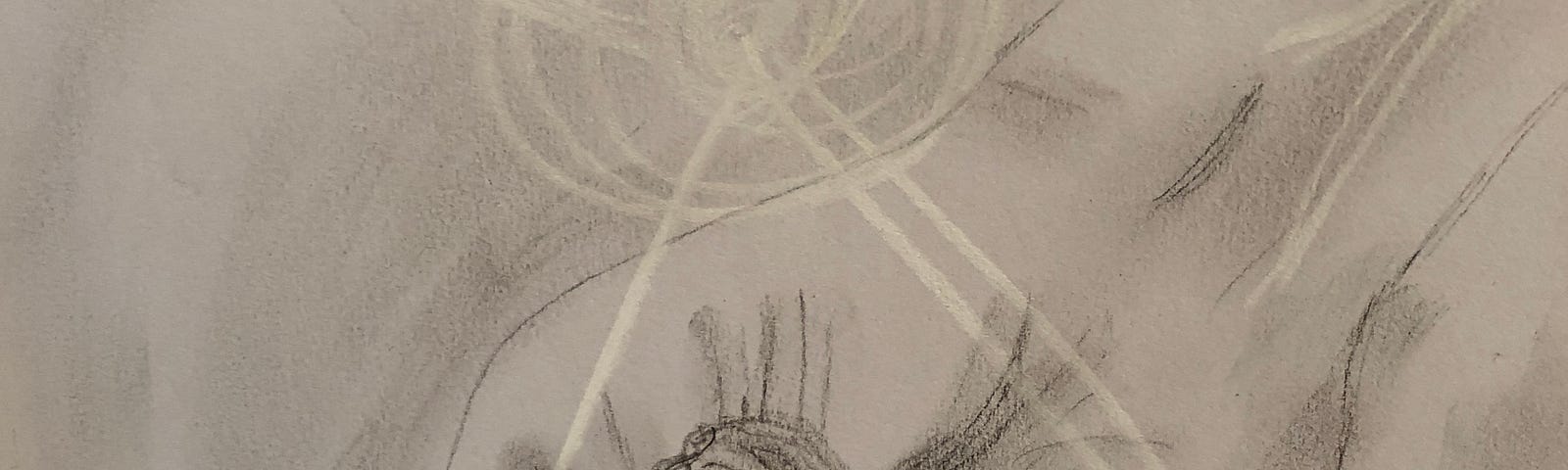 Pencil drawing of a hand reaching down with a woman sketched in the palm covering her eyes. The sketch shows a light reflection in a circle above, with rays shooting down around her.